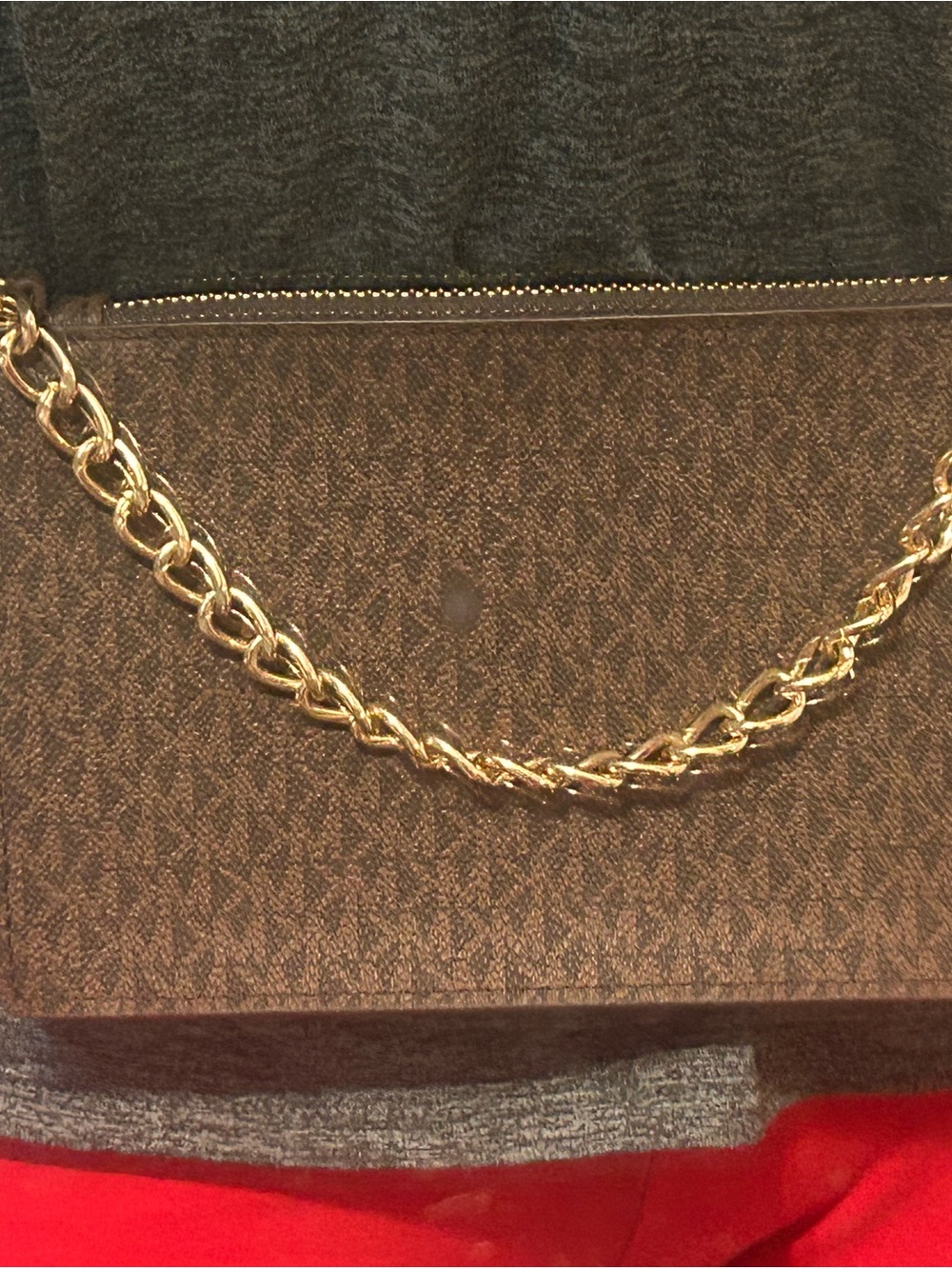 Michael Kors Brown Logo monogram bag w/ gold zipper chain attachment